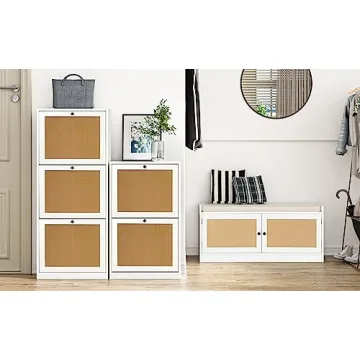 Anmytek Rattan Shoe Bench with Storage & Cushion Seat