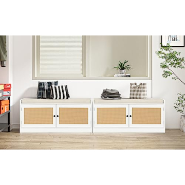 Anmytek Rattan Shoe Bench with Storage & Cushion Seat
