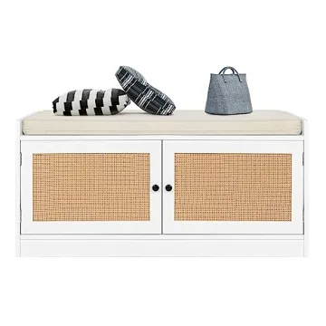 Anmytek Rattan Shoe Bench with Storage & Cushion Seat