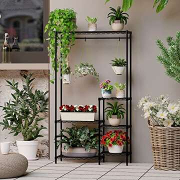 Xiofio Plant Stands for Indoor Plantsd Outdoor Plant Shelf, 6 Tier 16 Pots Flower Pots Holder Storage Shelf Flower Stands With hanger rod for Living Room Balcony and Garden,Black