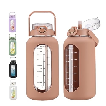 Chunmo 74 oz Glass Water Bottles with Straw - Large Motivational Water Bottle with Time Marker for G...