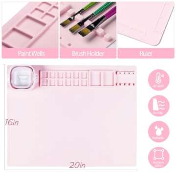 Silicone Painting Mat, 20"X16"Silicone Art Mat for Kidswith 1 Water Cup ，Craft Paint Brush Cleaner Tool，DIY, Clay, Play Doh（Pink）…