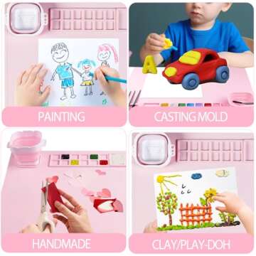 Silicone Painting Mat, 20"X16"Silicone Art Mat for Kidswith 1 Water Cup ，Craft Paint Brush Cleaner Tool，DIY, Clay, Play Doh（Pink）…