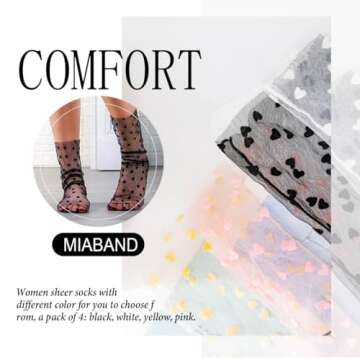 Miaband Heart Print See Through Socks Lace Loose Sheer Socks Cool Tulle Ankle Socks for Women 4 Pairs
