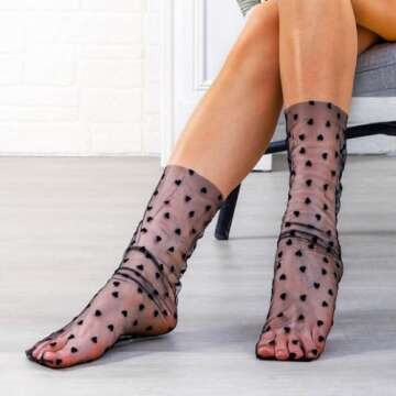 Miaband Heart Print See Through Socks Lace Loose Sheer Socks Cool Tulle Ankle Socks for Women 4 Pairs