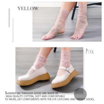 Miaband Heart Print See Through Socks Lace Loose Sheer Socks Cool Tulle Ankle Socks for Women 4 Pairs