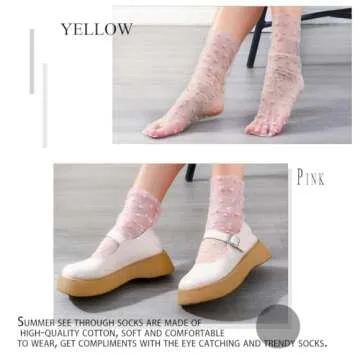 Miaband Heart Print See Through Socks Lace Loose Sheer Socks Cool Tulle Ankle Socks for Women 4 Pairs