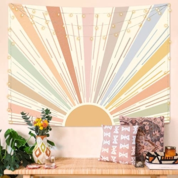 Kanuyee Boho Sun Tapestry Wall Hanging, Retro 70s Abstract Striped Aesthetic Sunrise Vintage Tapestr...
