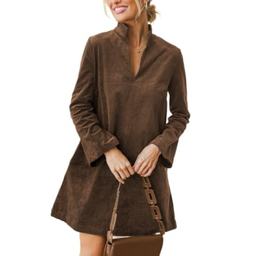 EZAPINE Women Corduroy Dress V Neck Long Sleeve Casual Vintage Retro A Line Mini Dresses Brown