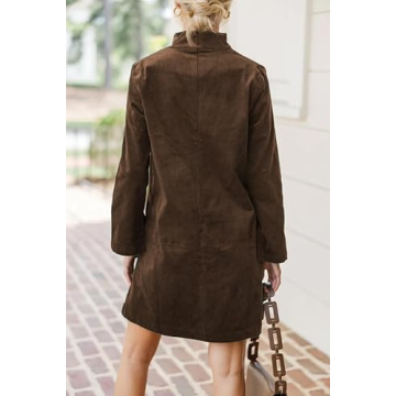 EZAPINE Women Corduroy Dress V Neck Long Sleeve Casual Vintage Retro A Line Mini Dresses Brown