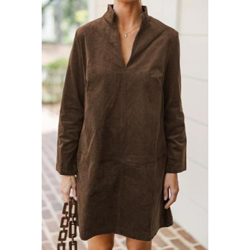EZAPINE Women Corduroy Dress V Neck Long Sleeve Casual Vintage Retro A Line Mini Dresses Brown