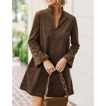EZAPINE Women Corduroy Dress V Neck Long Sleeve Casual Vintage Retro A Line Mini Dresses Brown