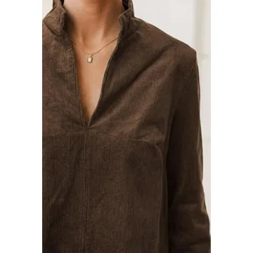 EZAPINE Women Corduroy Dress V Neck Long Sleeve Casual Vintage Retro A Line Mini Dresses Brown