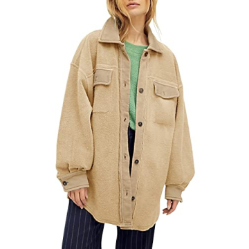 Fisoew Womens Oversized Long Sleeve Button Down Shirt Jacket Soft Comfy Casual Shacket Coats with Po...