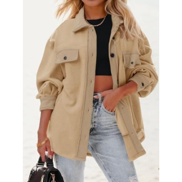 Fisoew Womens Comfy Oversized Button Down Shacket with Pockets