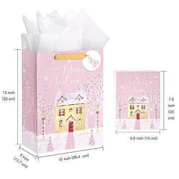 WRAPAHOLIC 13" Christmas Large Gift Bag with Card and Tissue Paper - Pink Snow House with Gold Foil