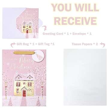 WRAPAHOLIC 13" Christmas Large Gift Bag with Card and Tissue Paper - Pink Snow House with Gold Foil