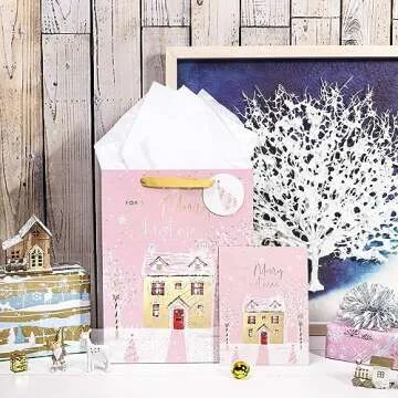 WRAPAHOLIC 13" Christmas Large Gift Bag with Card and Tissue Paper - Pink Snow House with Gold Foil