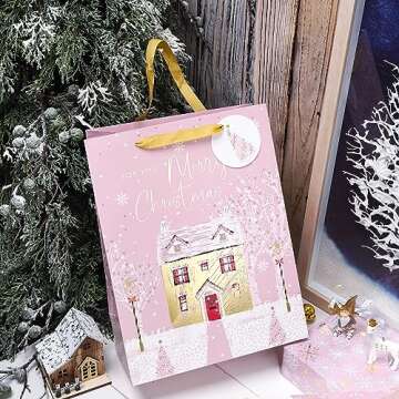 WRAPAHOLIC 13" Christmas Large Gift Bag with Card and Tissue Paper - Pink Snow House with Gold Foil