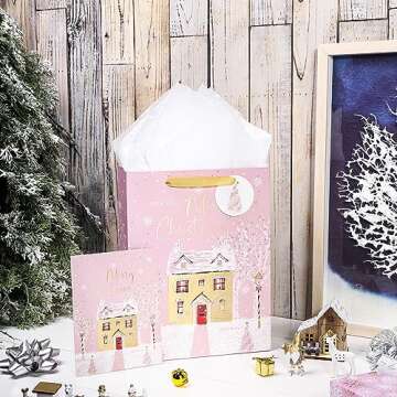 WRAPAHOLIC 13" Christmas Large Gift Bag with Card and Tissue Paper - Pink Snow House with Gold Foil