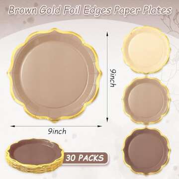Whaline 30Pcs Beige Brown Paper Plate Gold Foil Scalloped Disposable Plate Retro 3 Colors Dinner Pla...