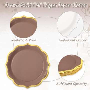 Whaline 30Pcs Beige Brown Paper Plate Gold Foil Scalloped Disposable Plate Retro 3 Colors Dinner Plate For Fall Thanksgiving Party Supplies Table Decor, 9 Inch