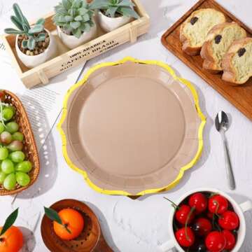 Whaline 30Pcs Beige Brown Paper Plate Gold Foil Scalloped Disposable Plate Retro 3 Colors Dinner Plate For Fall Thanksgiving Party Supplies Table Decor, 9 Inch