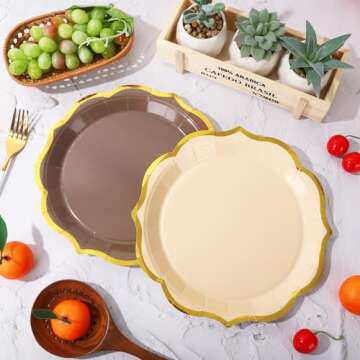 Whaline 30Pcs Beige Brown Paper Plate Gold Foil Scalloped Disposable Plate Retro 3 Colors Dinner Plate For Fall Thanksgiving Party Supplies Table Decor, 9 Inch