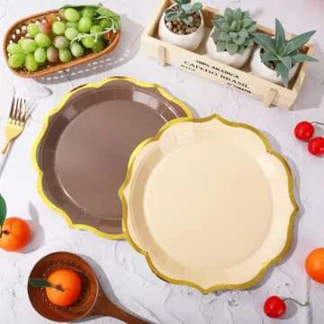 Whaline 30Pcs Beige Brown Paper Plate Gold Foil Scalloped Disposable Plate Retro 3 Colors Dinner Plate For Fall Thanksgiving Party Supplies Table Decor, 9 Inch