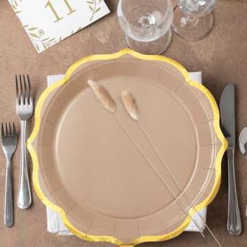 Whaline 30Pcs Beige Brown Paper Plate Gold Foil Scalloped Disposable Plate Retro 3 Colors Dinner Plate For Fall Thanksgiving Party Supplies Table Decor, 9 Inch