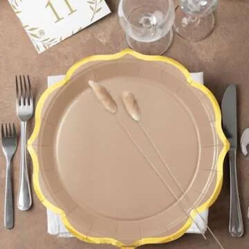 Whaline 30Pcs Beige Brown Paper Plate Gold Foil Scalloped Disposable Plate Retro 3 Colors Dinner Plate For Fall Thanksgiving Party Supplies Table Decor, 9 Inch