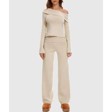 Casly Lamiit 2 Piece Fall Sets for Women 2025 Fashion Off the Shoulder Sweater Top Wide Leg Pants Lounge Sets Going Out Airport Outfits Sexy Y2K Clothes Apricot Petite XS
