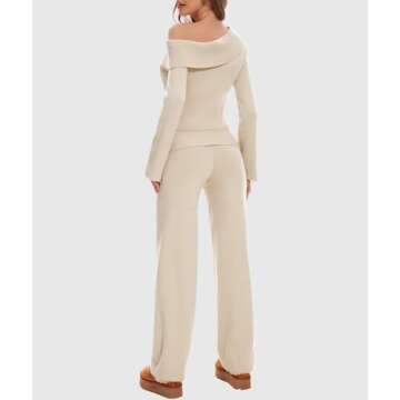 Casly Lamiit 2 Piece Fall Sets for Women 2025 Fashion Off the Shoulder Sweater Top Wide Leg Pants Lounge Sets Going Out Airport Outfits Sexy Y2K Clothes Apricot Petite XS