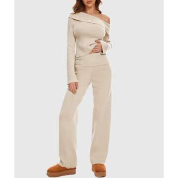Casly Lamiit 2 Piece Fall Sets for Women 2025 Fashion Off the Shoulder Sweater Top Wide Leg Pants Lounge Sets Going Out Airport Outfits Sexy Y2K Clothes Apricot Petite XS