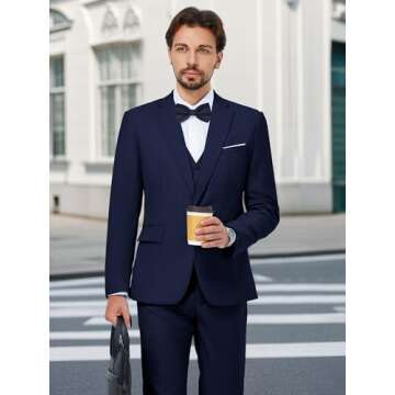 MAGE MALE Men's 3 Pieces Suit Elegant Solid One Button Slim Fit Single Breasted Party Blazer Vest Pants Set. Navy Blue