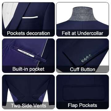 MAGE MALE Men's 3 Pieces Suit Elegant Solid One Button Slim Fit Single Breasted Party Blazer Vest Pants Set. Navy Blue