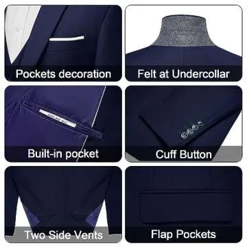 MAGE MALE Men's 3 Pieces Suit Elegant Solid One Button Slim Fit Single Breasted Party Blazer Vest Pants Set. Navy Blue