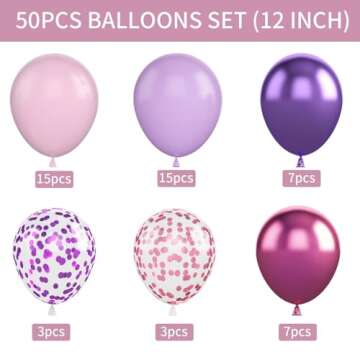 Pink and Purple Balloons, 50PCS 12 Inch Purple Pink Confetti Balloons, Metallic Purple Pink Latex Ba...