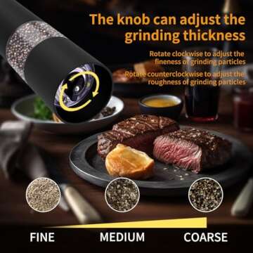 Electric Salt and Pepper Grinder Set - Adjustable Coarseness, Battery-Operated with LED Light, 360°...