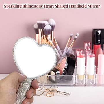 LOPURO Sparkling Rhinestone Heart Shaped Handheld Mirror, Rhinestone Handheld Heart Mirror Bling Gli...