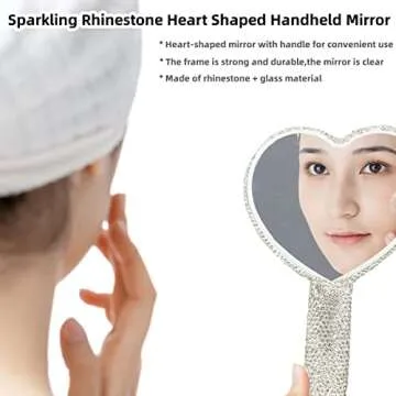 LOPURO Sparkling Rhinestone Heart Shaped Handheld Mirror, Rhinestone Handheld Heart Mirror Bling Glitter Cute Cosmetic Hand Mirror with Handle Portable Makeup Mirror for Women Travel