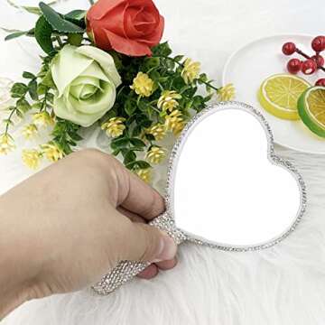 LOPURO Sparkling Rhinestone Heart Shaped Handheld Mirror, Rhinestone Handheld Heart Mirror Bling Glitter Cute Cosmetic Hand Mirror with Handle Portable Makeup Mirror for Women Travel