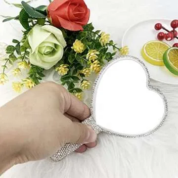 LOPURO Sparkling Rhinestone Heart Shaped Handheld Mirror, Rhinestone Handheld Heart Mirror Bling Glitter Cute Cosmetic Hand Mirror with Handle Portable Makeup Mirror for Women Travel