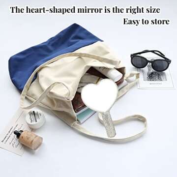LOPURO Sparkling Rhinestone Heart Shaped Handheld Mirror, Rhinestone Handheld Heart Mirror Bling Glitter Cute Cosmetic Hand Mirror with Handle Portable Makeup Mirror for Women Travel