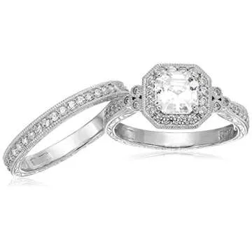 Amazon Essentials Platinum-Plated Sterling Silver Antique Ring set with Asscher-Cut Infinite Elements Cubic Zirconia, Size 6 (previously Amazon Collection)