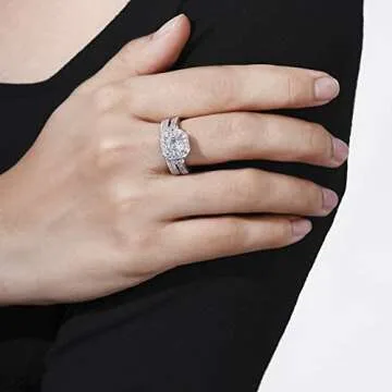 Amazon Essentials Platinum-Plated Sterling Silver Antique Ring set with Asscher-Cut Infinite Elements Cubic Zirconia, Size 6 (previously Amazon Collection)