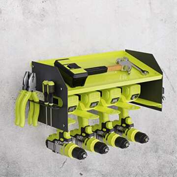 Luffioner Drill Storage Rack，Power Tool Organizer Drill Holder Wall Mount， Drill Organizer for Garage, Workshop,Drill Bit Storage Shlef, Holds 4 Drills with Magnetic Bar