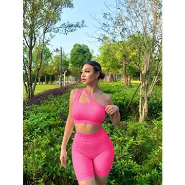 OQQ Women's 3 Piece Ribbed Seamless Exercise Scoop Neck Sports One Shoulder High Waist Active Set Shorts Bra Outfit, Rose1, Medium