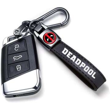 ZppedRteyt Leather Keychain Universal Metal Key Chain for Deadpool Accessories, with 360 Degree Rota...