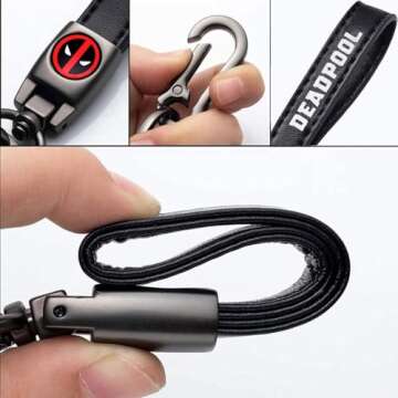 ZppedRteyt Leather Keychain Universal Metal Key Chain for Deadpool Accessories, with 360 Degree Rotatable Snap Swivel for Men Women